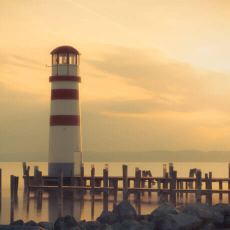 Sonnenuntergang beim Leuchtturm in Podersdorf am See.